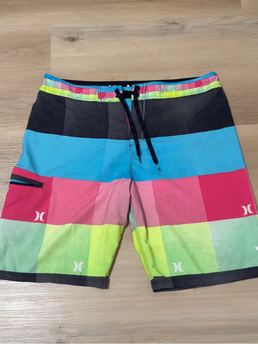 Hurley Men’s Black, Blue, Pink & Lime Check Stripe Boardshorts